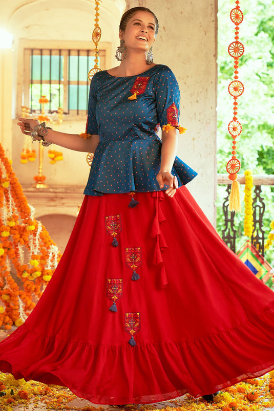 Captivating Art Silk Fabric Navratri Special Top Skirt Set In Red Color