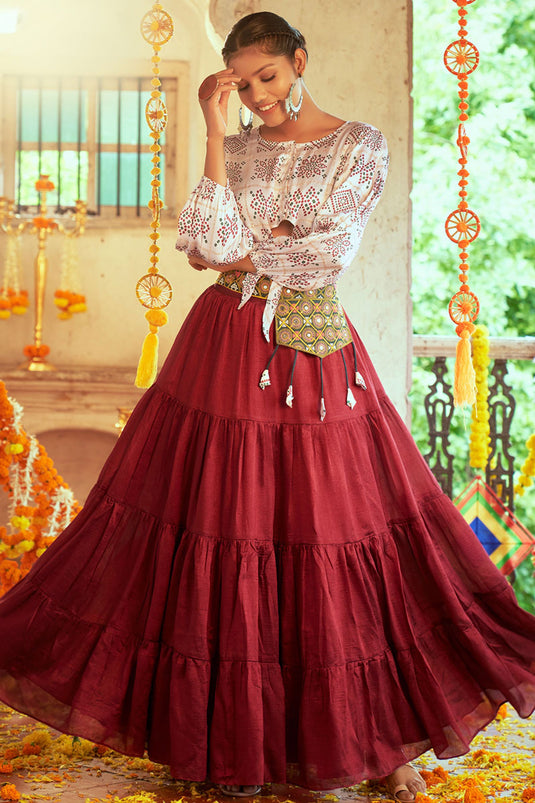 Awesome Art Silk Fabric Navratri Special Top Skirt Set In Maroon Color
