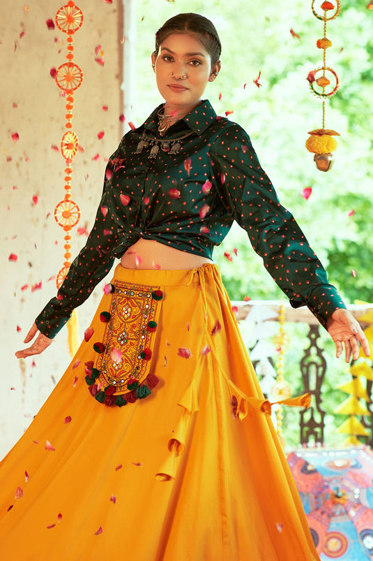 Imperial Yellow Color Cotton Fabric Navratri Special Top Skirt Set