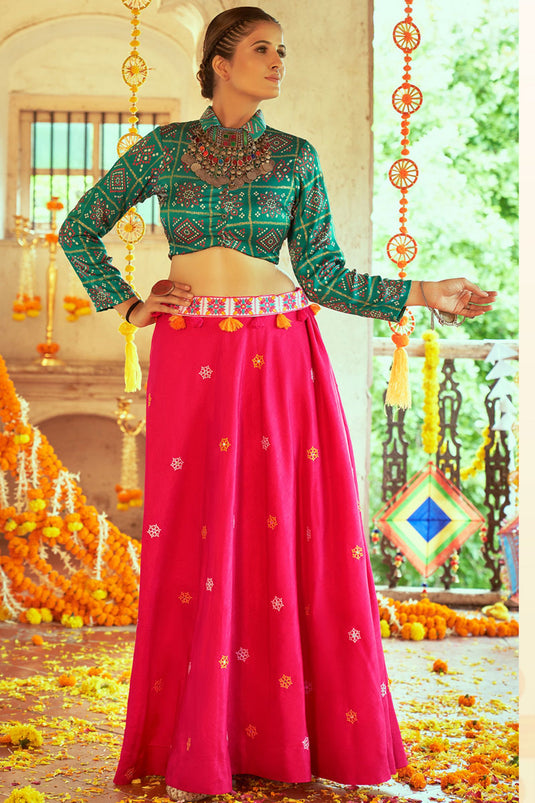 Flamboyant Art Silk Fabric Navratri Special Top Skirt Set In Pink Color