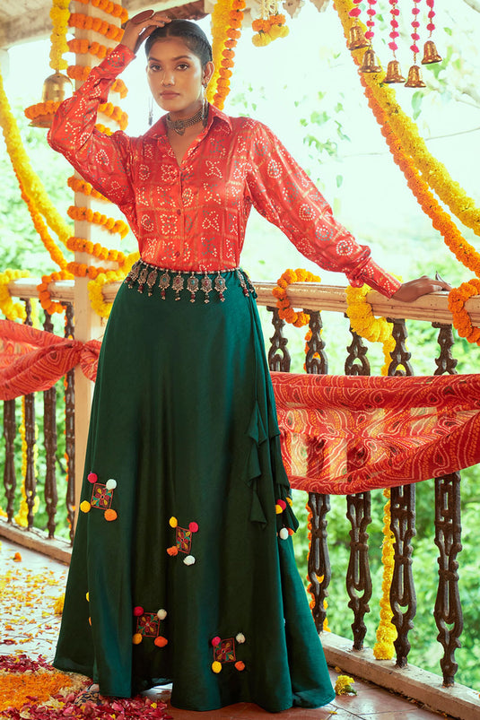 Elegant Green Color Cotton Fabric Navratri Special Top Skirt Set