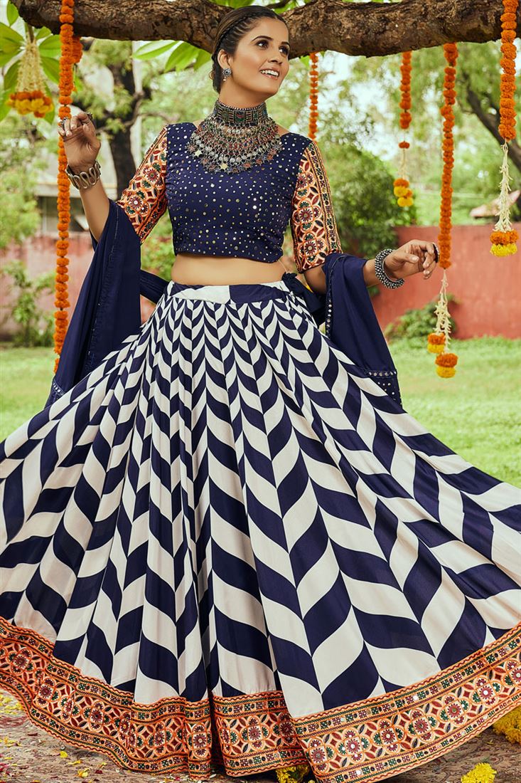 Lehenga Choli set with Blue and White stripe pattern - Dress me Royal