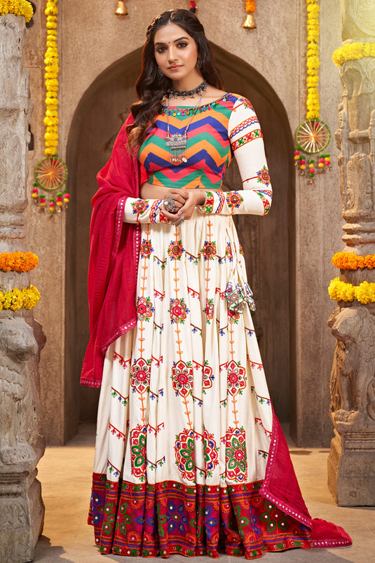 Navratri Special Embroidered Work On Viscose Rayon Fabric Beige Color Awesome Lehenga Choli