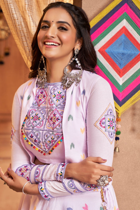 Cotton Fabric Embroidered Designer Navratri Special Lehenga Choli In Lavender Color