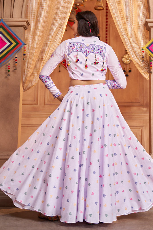 Cotton Fabric Embroidered Designer Navratri Special Lehenga Choli In Lavender Color