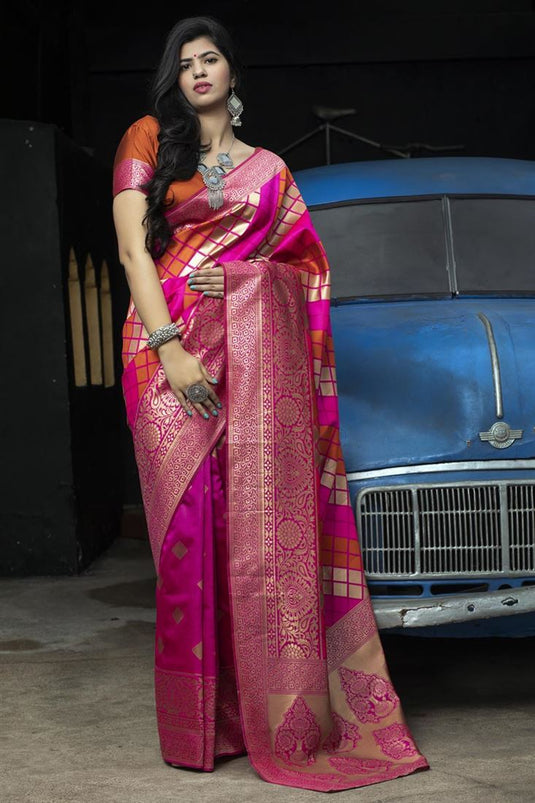 Rani Color Festive Wear Patola Style Weaving Work Saree In Art Silk