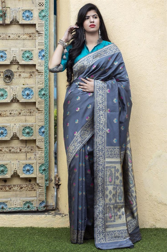 Puja Wear Grey Color Trendy Art Silk Patola Weaving Work Saree