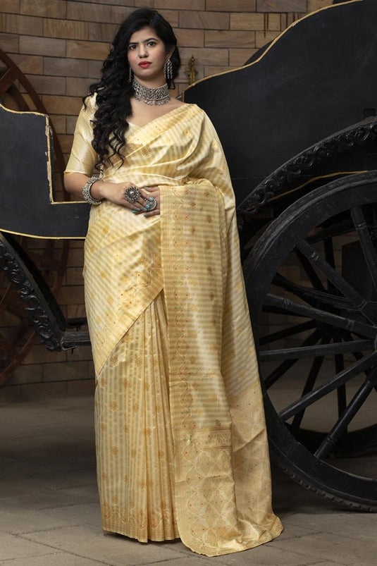Art Silk Trendy Puja Wear Beige Color Patola Weaving Work Saree