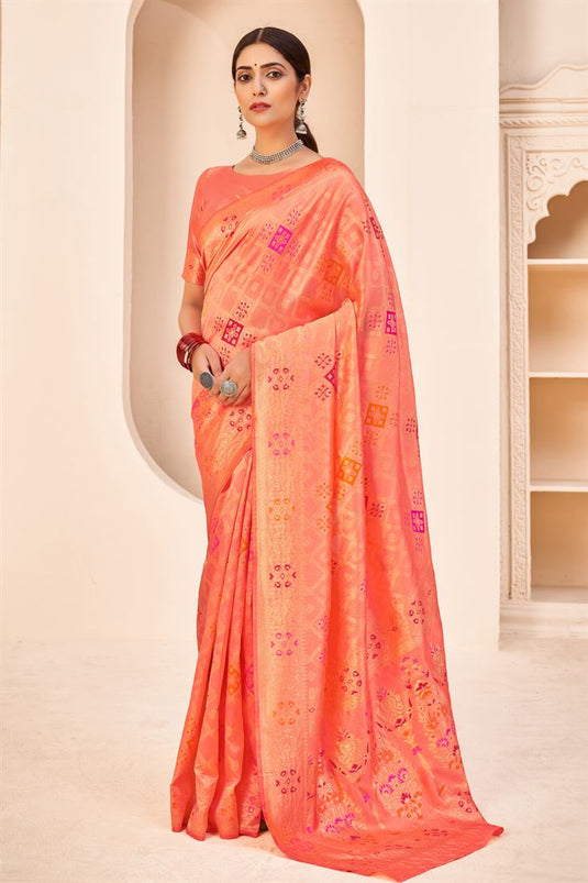 Peach Color Wedding Wear Designer Art Silk Fabric Weaving Work Saree