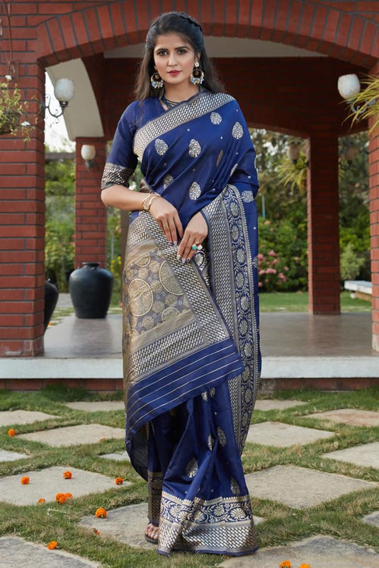 Art Silk Fabric Festive Wear Weaving Work Saree In Navy Blue Color