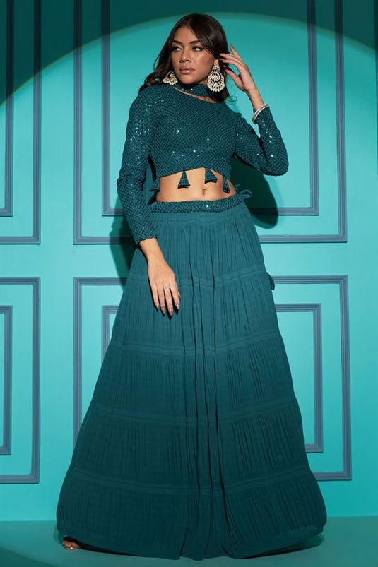 Delicate Teal Color Georgette Function Style Pleating Pattern Lehenga