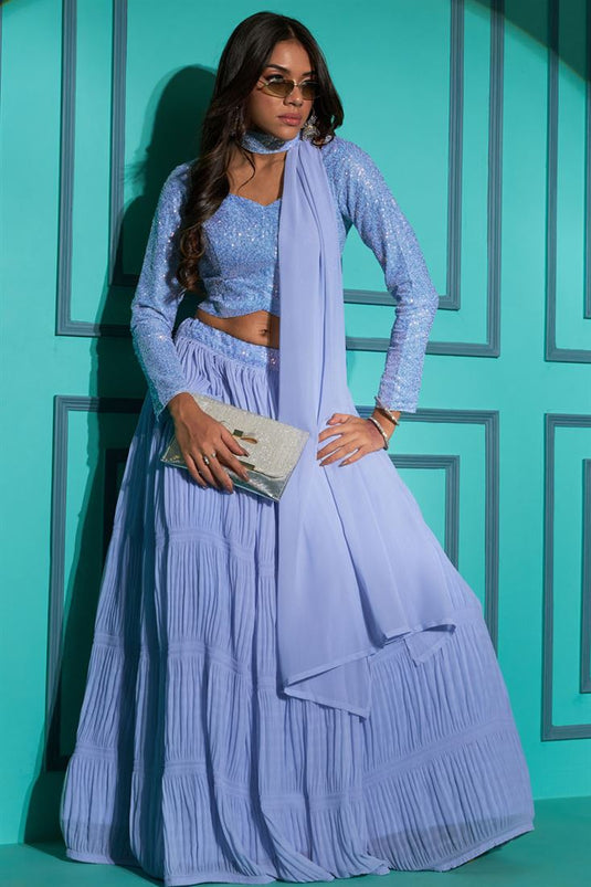 Sky Blue Color Exquisite Georgette Function Style Pleating Pattern Lehenga