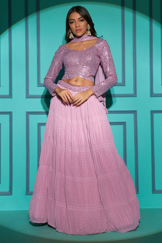 Attractive Georgette Function Style Pleating Pattern Lehenga In Pink Color