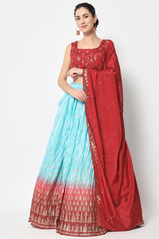 Glittering Cyan Color Chinon Fabric Foil Printed Lehenga