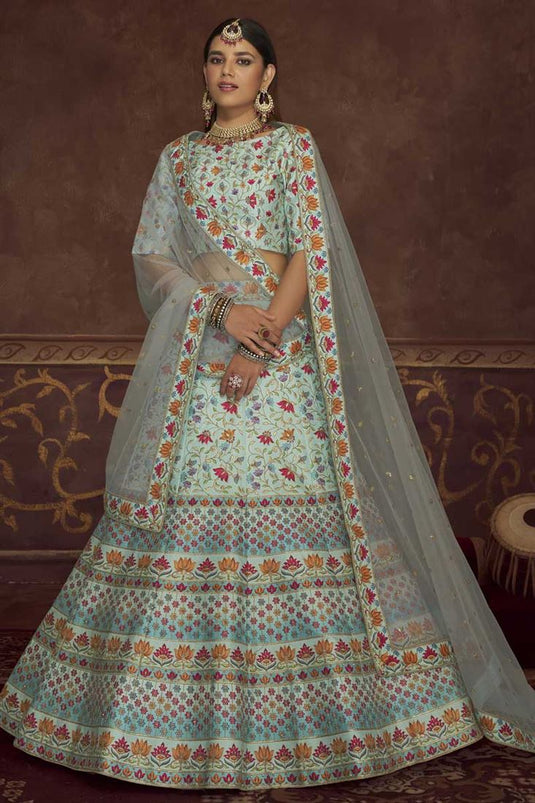 Enticing Art Silk Fabric Embroidered Work Lehenga Choli In Light Cyan Color