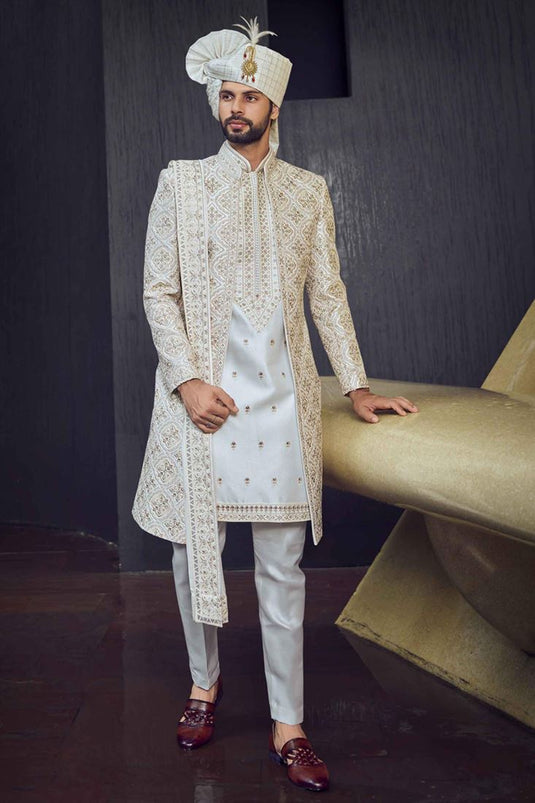 Stunning White Color Fancy Fabric Heavy Embroidered Designer Indowestern Groom Sherwani
