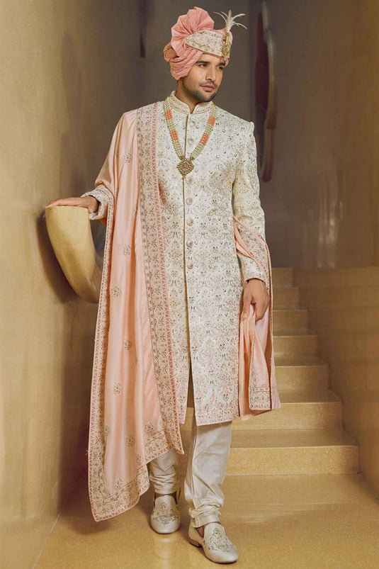 Majestic Off White Color Fancy Fabric Heavy Embroidered Designer Indowestern Groom Sherwani