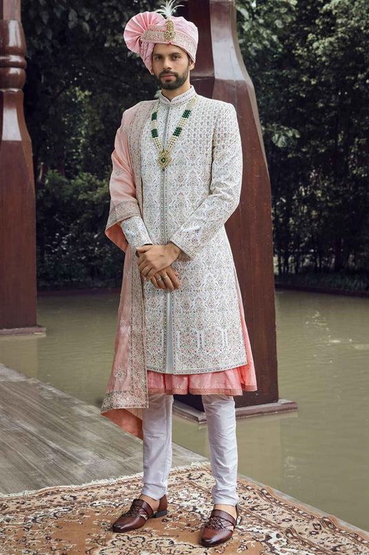 Graceful White Color Fancy Fabric Heavy Embroidered Designer Indowestern Groom Sherwani