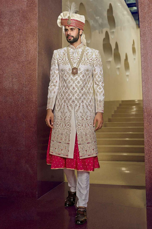 Appealing White Color Fancy Fabric Heavy Embroidered Designer Indowestern Groom Sherwani