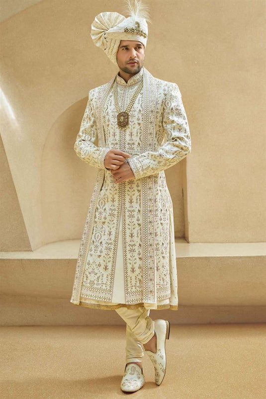 Fetching Off White Color Fancy Fabric Heavy Embroidered Designer Indowestern Groom Sherwani
