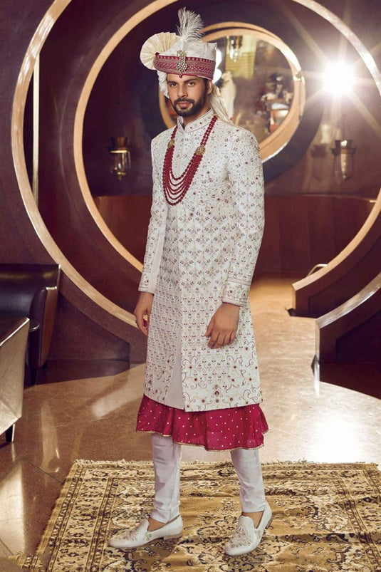 White Color Fancy Fabric Heavy Embroidered Designer Indowestern Groom Sherwani