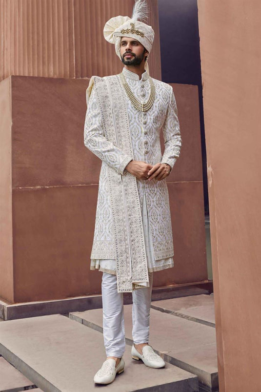 Beautiful White Heavy Embroidered Designer Indowestern Groom Sherwani