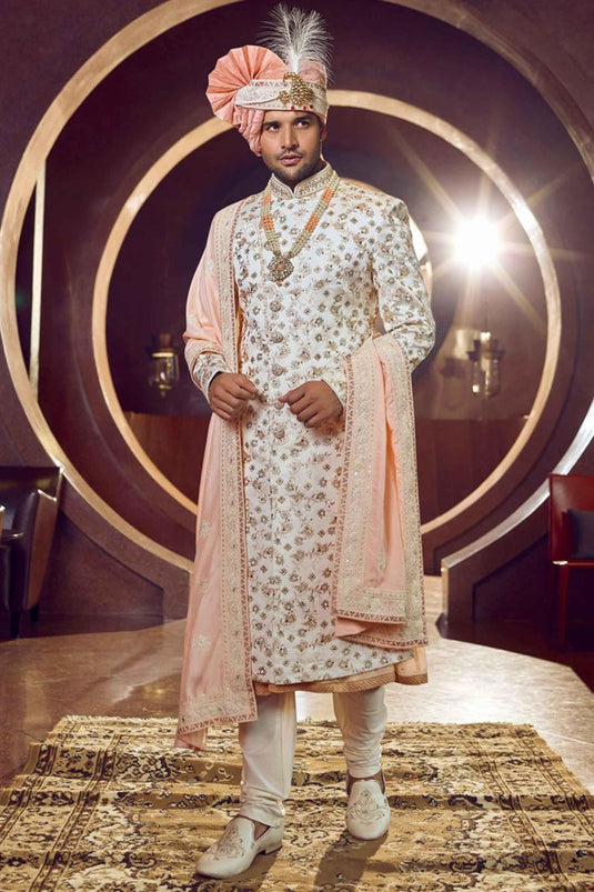 Magnificent White Color Fancy Fabric Heavy Embroidered Designer Indowestern Groom Sherwani