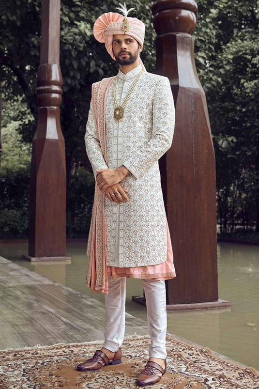 Appealing White Color Fancy Fabric Designer Indowestern Groom Sherwani