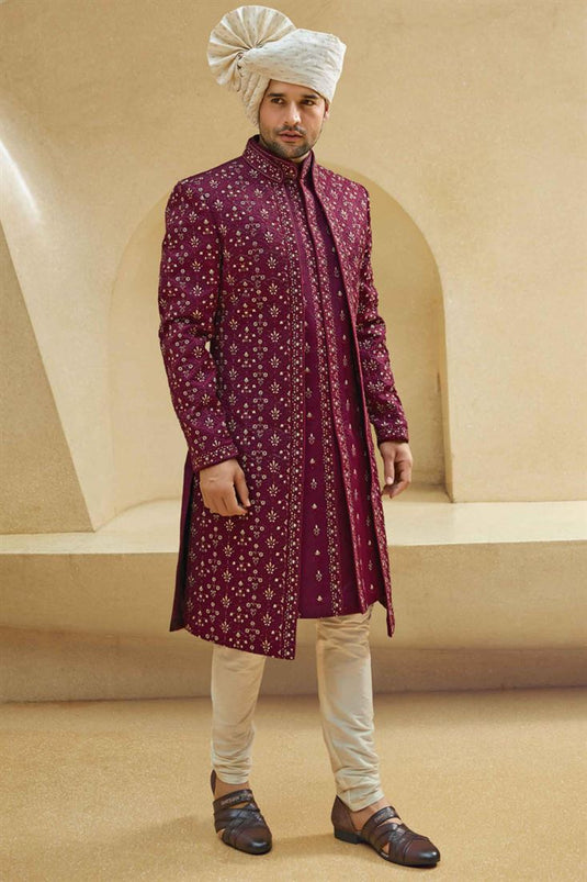 Gorgeous Burgundy Color Fancy Fabric Heavy Embroidered Designer Indowestern Groom Sherwani