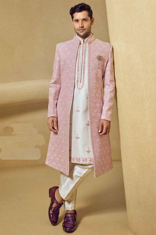 Stunning Pink Color Fancy Fabric Heavy Embroidered Designer Indowestern Groom Sherwani