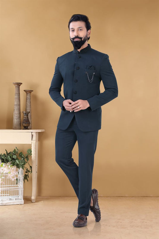 Captivating Navy Blue Color Fancy Fabric Reception Wear Designer Readymade Jodhpuri Suit For Men