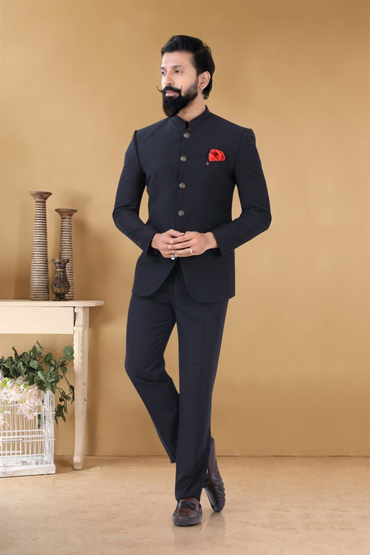 Gorgeous Black Color Fancy Fabric Wedding Wear Trendy Readymade Jodhpuri Suit For Men
