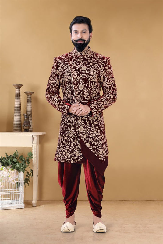 Pretty Maroon Color Velvet Fabric Reception Wear Designer Readymade Peshawari Style Groom Sherwani For Men