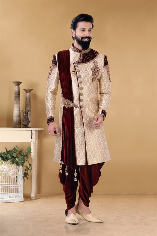 Beautiful Cream Color Jacquard Fabric Sangeet Wear Fancy Readymade Peshawari Style Groom Sherwani For Men