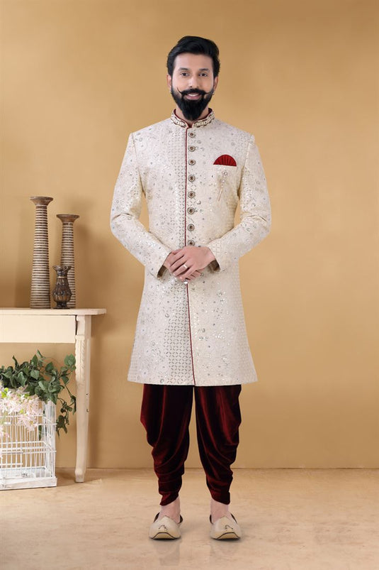 Attractive Beige Color Velvet Fabric Wedding Wear Stylish Readymade Peshawari Style Groom Sherwani For Men