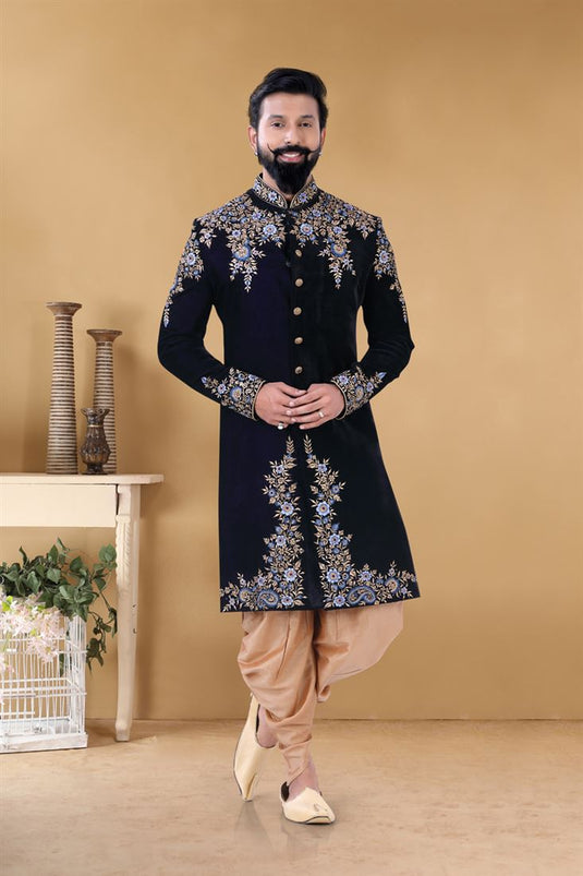Enriching Navy Blue Color Velvet Fabric Reception Wear Trendy Readymade Peshawari Style Groom Sherwani For Men