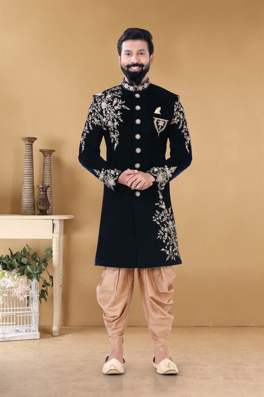 Splendiferous Navy Blue Color Velvet Fabric Sangeet Wear Designer Readymade Peshawari Style Groom Sherwani For Men