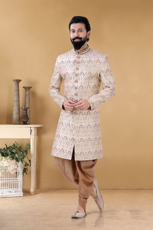 Fascinate Beige Color Jacquard Fabric Reception Wear Stylish Readymade Peshawari Style Groom Sherwani For Men