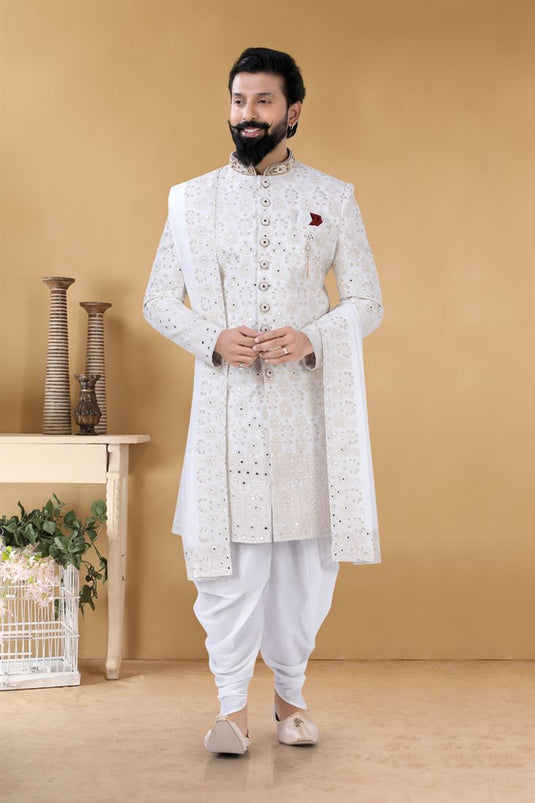 Graceful White Color Fancy Fabric Reception Wear Stylish Readymade Peshawari Style Groom Sherwani For Men