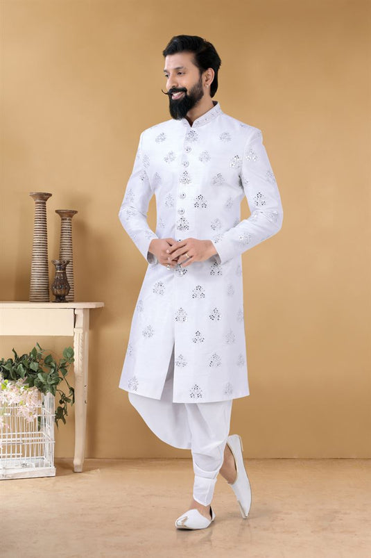 Artistic White Color Fancy Fabric Wedding Wear Designer Readymade Peshawari Style Indo Western For Men