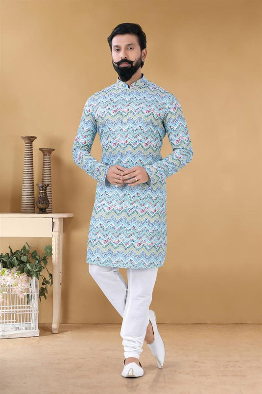 Appealing Sky Blue Color Cotton Fabric Function Wear Fancy Readymade Kurta Pyjama For Men