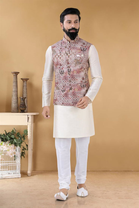 Lovely Off White Color Art Silk Fabric Sangeet Wear Trendy Readymade Kurta Pyjama With Jacket