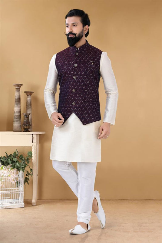 Attractive Off White Color Art Silk Fabric Function Wear Fancy Readymade Kurta Pyjama With Jacket