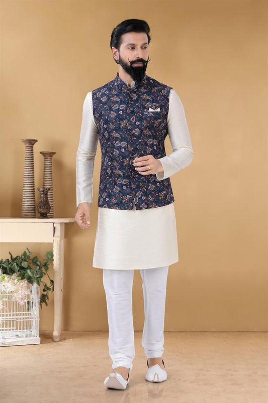 Enriching Off White Color Art Silk Fabric Festive Wear Stylish Readymade Kurta Pyjama With Jacket