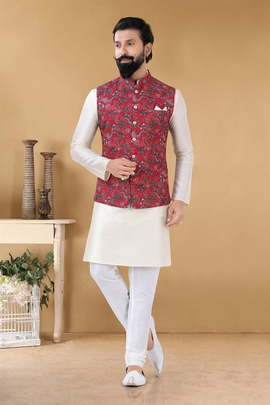 Splendiferous Off White Color Art Silk Fabric Sangeet Wear Trendy Readymade Kurta Pyjama With Jacket