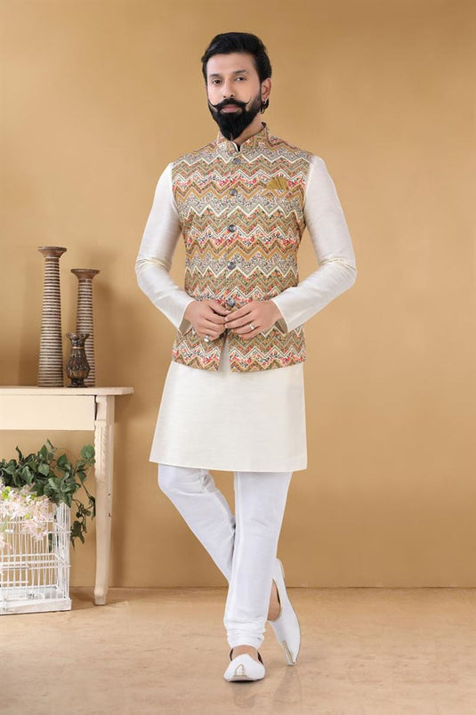 Majestic Off White Color Art Silk Fabric Wedding Wear Designer Readymade Kurta Pyjama With Jacket