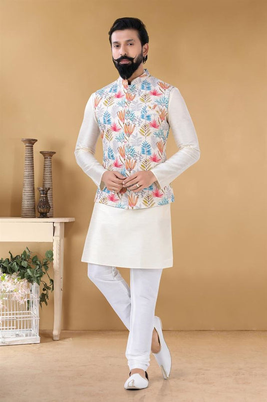 Fascinate Off White Color Art Silk Fabric Reception Wear Trendy Readymade Kurta Pyjama With Jacket