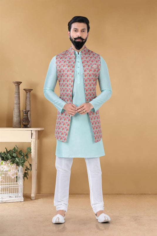 Alluring Light Cyan Color Art Silk Fabric Festive Wear Stylish Readymade Kurta Pyjama With Jacket