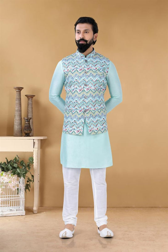 Graceful Light Cyan Color Art Silk Fabric Sangeet Wear Trendy Readymade Kurta Pyjama With Jacket