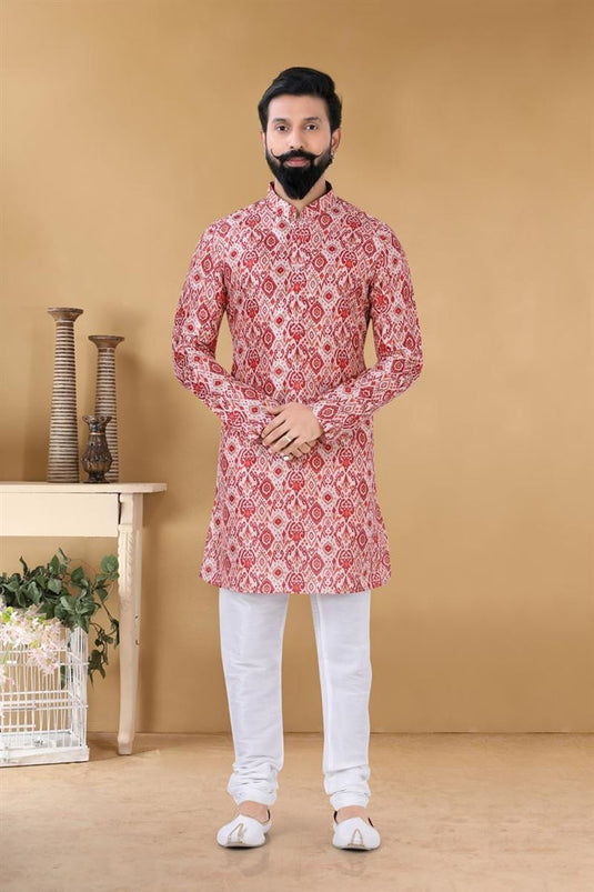 Appealing Pink Color Art Silk Fabric Function Wear Fancy Readymade Kurta Pyjama For Men